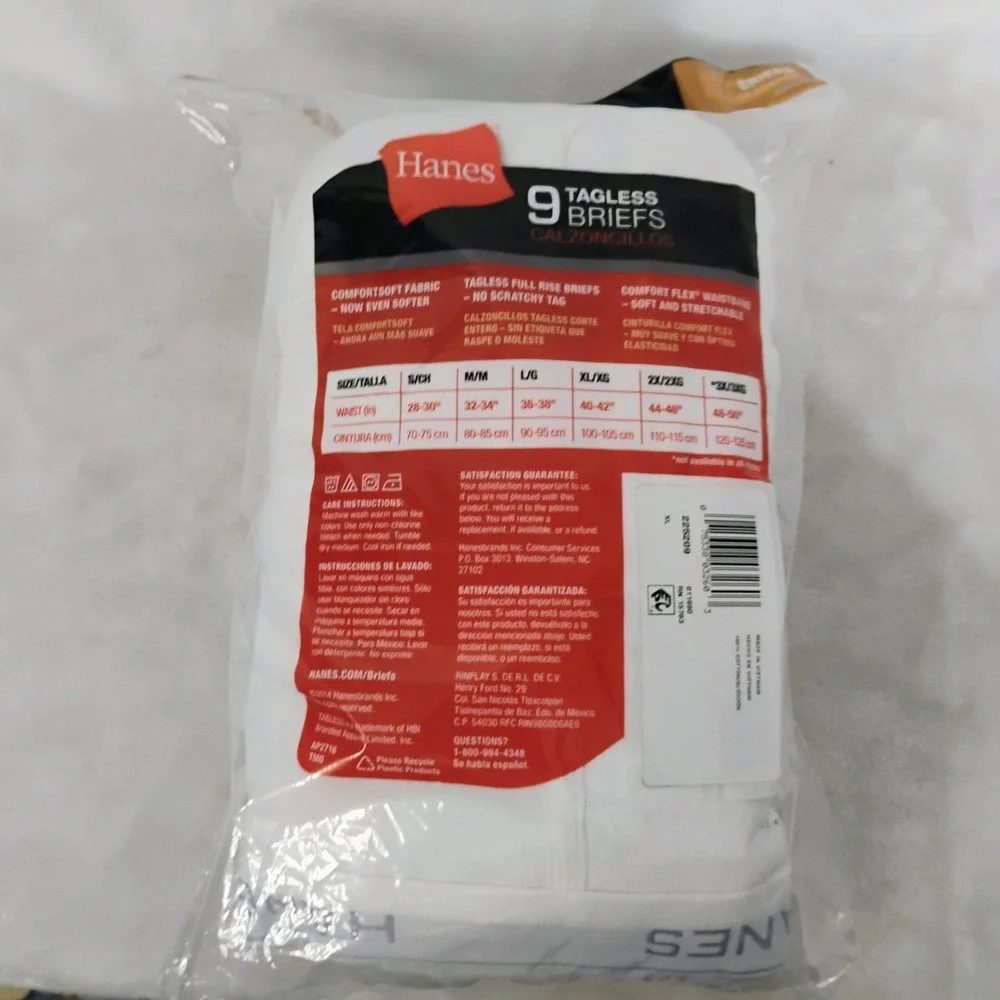 Hanes Mens 9 Pack Tagless Briefs White Full Rise ComfortSoft XL 40-42 2014